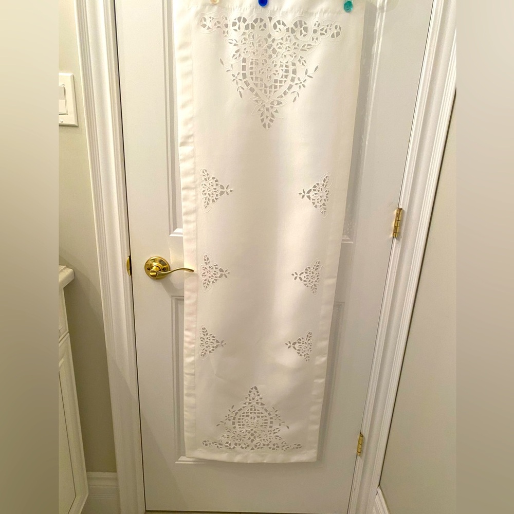 White Polyester Blend Oblong Lacey Table Runner with White Satin Border